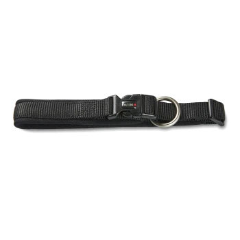 Schwarzes gepolstertes Nylon-Hundehalsband mit Kunststoff-Schnellverschluss, Metall-D-Ring und 'WOLTERS'-Etikett