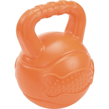 Orange plastic dog chew toy shaped like a kettlebell with a bone design and textured surface.
