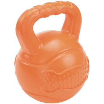 Orangenes Kunststoff-Hundespielzeug in Kettlebell-Form mit Knochenmotiv und strukturierter Oberfläche.