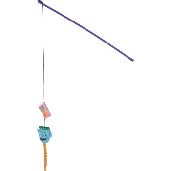 Paarse kattenhengel met hangend roze piepend speeltje en een blauwe Frankenstein-pluchekop met een kleurrijke gevlochten staart