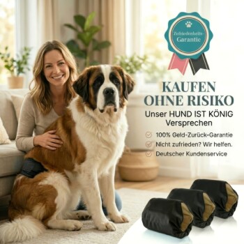 Ein Hund, der ein leuchtend gelbes Geschirr trägt, wird von einer Hand angepasst. Der Text darüber lautet "Perfekter Sitz" und "Hoher Tragekomfort."