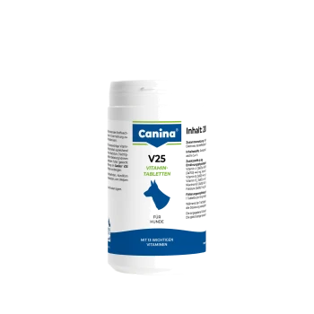Weißer Canina V25 Vitamin-Tabletten-Behälter für Hunde; Etikett zeigt 'Canina', 'V25', 'Vitamin-Tabletten', 'Für Hunde', 'Mit 13 wichtigen Vitaminen'.