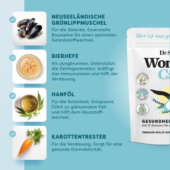Tüte mit Nahrungsergänzungsmitteln für Haustiere, die neuseeländische Grünlippmuschel, Bierhefe, Hanföl und Karottenpressrückstände zeigt, mit deutschen Gesundheitsvorteilen.