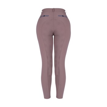 Rückansicht von figurbetonten, hellbraunen Leggings mit perforierten Details und zwei dekorativen Taschen an der Taille.