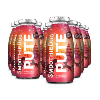 Flaschen des SmoothieDog Pute Limited Edition Hundesnacks mit winterlichem Etikett und deutschem Text.