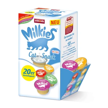 Schachtel mit Milkies Katzen-Snacks von Animonda, die eine Vielzahl von Geschmacksrichtungen bietet, mit insgesamt 20 Portionen. Der Text enthält "NEU" und "20er Vorteilspack."