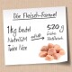 NutriQM Twice Nice Hundefutteretikett: "Die Fleisch-Formel," "1kg Beutel," "ent hält → 520 g frisches Filetfleisch," mit rohen Hühnerfilets.