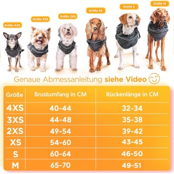 Fünf Hunde in schwarzen Geschirren, Größen 4XS bis M. Darunter eine Größentabelle mit Brust- und Rückenmaßen. Text: "Genaue Abmessanleitung siehe Video."