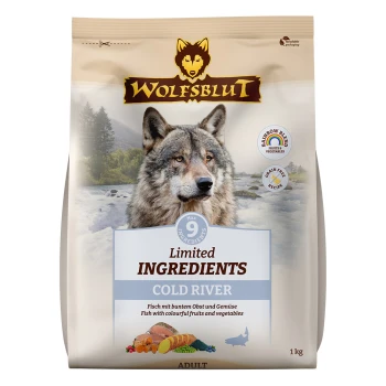Wolfsblut Cold River Haustierfuttertüte, mit einem Wolf-Logo, mit Text, der "Begrenzte Zutaten" und "9 Zutaten" hervorhebt. Größe 1 kg.