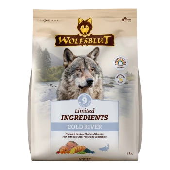 Wolfsblut Cold River Haustierfuttertüte, mit einem Wolf-Logo, mit Text, der "Begrenzte Zutaten" und "9 Zutaten" hervorhebt. Größe 1 kg.