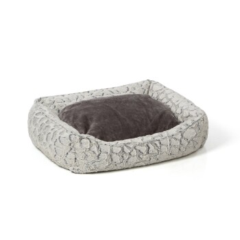 Grau Haustierbett mit einem plüschigen, strukturierten äußeren Rand und einem weichen, dunkelgrauen Innenkissen, entworfen für Komfort.