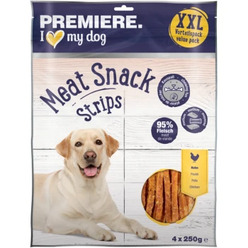 Pack de valeur de bandes de viande snack Premiere I Love My Dog, présentant un chien et une image circulaire du snack. Contient 95 % de viande, 4 x 250g.