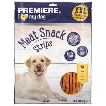 Premiere I Love My Dog Fleischsnack-Streifen Wertpackung, mit einem Hund und einem kreisförmigen Bild des Snacks. Enthält 95% Fleisch, 4 x 250g.
