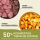 Image des ingrédients de la nourriture pour animaux : agneau cru et foie étiquetés "Lamm Lammlieber" et courge butternut étiquetée "Kürbis Butternusskürbis."