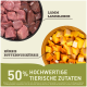 Bild von Zutaten für Haustierfutter: rohes Lamm und Leber beschriftet mit "Lamm Lammlieber" und Butternut-Kürbis beschriftet mit "Kürbis Butternusskürbis."