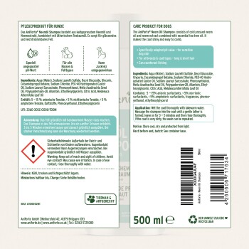 AniForte Neemöl-Shampoo für Hunde, 500 ml. Enthält Neem- und Teebaumöl, geeignet für empfindliche Haut. Zutaten und Anweisungen enthalten.