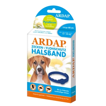 Verpackung für ARDAP Floh- und Zeckenhalsband für Hunde, 60 cm Länge, geeignet für Hunde mit einem Gewicht von 10-25 kg, bietet bis zu 4 Monate Schutz.