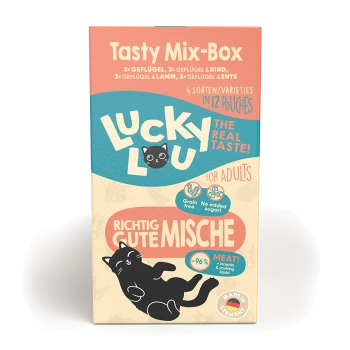 Leckere Mix-Box für Katzen von Lucky Lou, mit 12 Beuteln in 4 Sorten: Huhn, Rind, Lamm und Ente. Getreidefrei, ohne Zuckerzusatz, 96% Fleisch.