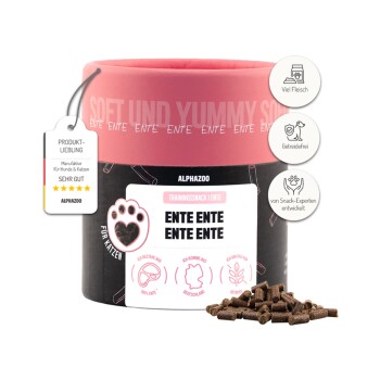 Weiche und leckere Trainingssnacks für Katzen, mit Ente als Hauptzutat, mit einem Etikett, das einen hohen Fleischanteil und Getreidefreiheit anzeigt.