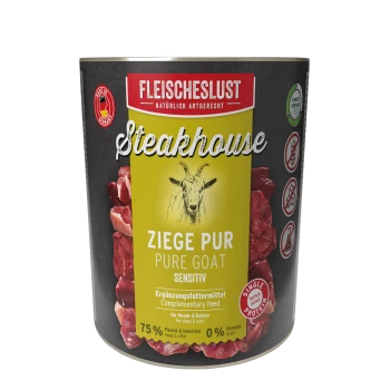 Dose Fleischeslust Steakhouse Tierfutter – Ziege Pur (Pure Goat) Sensitiv, 75% Fleisch und Innereien, 0% Getreide, Ergänzungsfuttermittel
