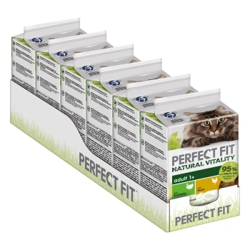 Sechserpack Perfect Fit Natural Vitality Katzenfutter, mit einem Nahaufnahme eines Katers auf der Vorderseite, gekennzeichnet für erwachsene Katzen 1+, mit 95% Protein.