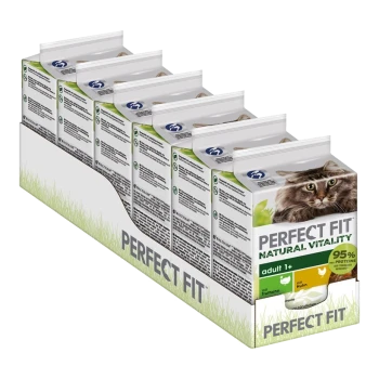 Sechserpack Perfect Fit Natural Vitality Katzenfutter, mit einem Nahaufnahme eines Katers auf der Vorderseite, gekennzeichnet für erwachsene Katzen 1+, mit 95% Protein.