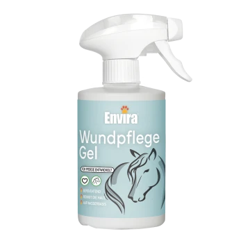 Flasche mit Envira Wundpflegegel für Pferde, mit Sprühdüse, mit Text, der seine feuchtigkeitsspendenden und reinigenden Eigenschaften hervorhebt.