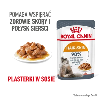 Torebka karmy dla kotów Royal Canin Hair & Skin z talerzem mokrej karmy, zawierająca informacje o wsparciu zdrowia skóry i 90% satysfakcji właścicieli.