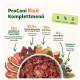 ProCani Rind Komplettmenü Haustierfutterverpackung, mit Zutaten: 35% Rindfleisch, 32,5% Innereien, 15% Karotten, 4% Kartoffeln und Kräutern.