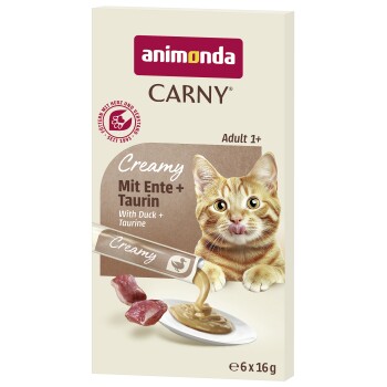 Animonda CARNY Creamy Katzenfutter-Packung — Mit Ente + Taurin, orange getigerte Katze leckt, Tüte gießt Soße, Adult 1+, 6x16 g