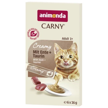 Animonda CARNY Creamy Katzenfutter-Packung — Mit Ente + Taurin, orange getigerte Katze leckt, Tüte gießt Soße, Adult 1+, 6x16 g