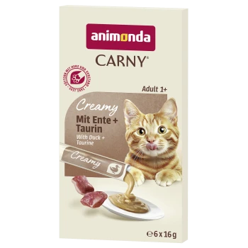 Animonda CARNY Creamy Katzenfutter-Packung — Mit Ente + Taurin, orange getigerte Katze leckt, Tüte gießt Soße, Adult 1+, 6x16 g