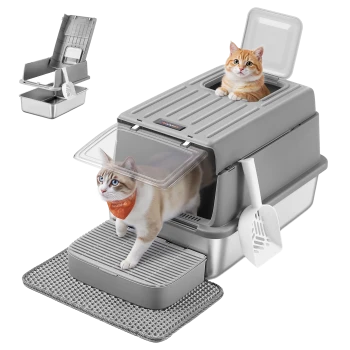 Graue überdachte Katzentoilette mit einer Schaufel, zwei Katzen innen und außen sowie dem Markennamen "Feandrea" sichtbar.