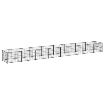 Ein großes, rechteckiges Haustiergehege aus schwarzem Metallgitter, 800 cm lang, 100 cm breit und 70 cm hoch.