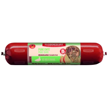 Rote Verpackung von "Fleischeslust Pure Duck" Tiernahrung, die 75 % Fleisch, Apfel und Amaranth enthält, gekennzeichnet als Vollnahrung und Einzelprotein.
