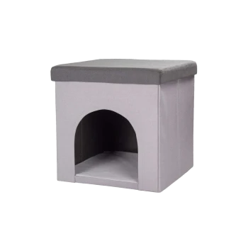 Zweifarbige graue, würfelförmige Stoff-Tierhöhle mit bogenförmigem Eingang und gepolstertem Oberkissen.