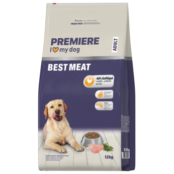 Bag of Premiere I Love My Dog Adult Best Meat dog food, 12kg, with 40% poultry, omega-3, and a yellow Labrador on front.