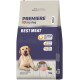 Bag of Premiere I Love My Dog Adult Best Meat dog food, 12kg, with 40% poultry, omega-3, and a yellow Labrador on front.