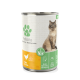 Dose Katzenfutter mit der Aufschrift 'Fellicita', die eine Katze auf der Vorderseite zeigt, mit Text, der Hühner- und Käse-Zutaten sowie ernährungsphysiologischen Vorteilen angibt.
