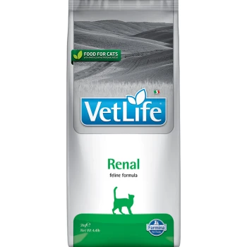 VetLife Renal Katzenfutterbeutel, 2 kg, mit einer Silhouette einer Katze und dem Text "Futter für Katzen" und "Farmina Pet Foods."
