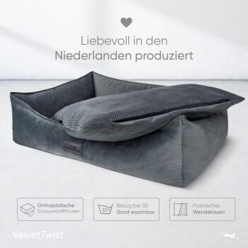Graues Haustierbett mit einem abnehmbaren, waschbaren Bezug, ausgestattet mit orthopädischem Schaumstoff und einem wendbaren Kissen, beschriftet mit 'VelvetTwist'.