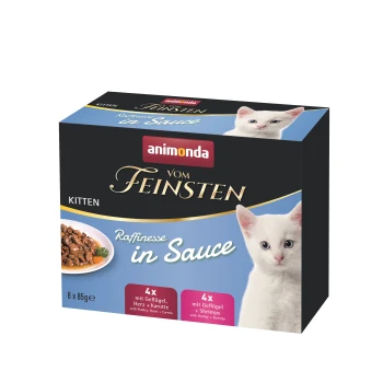 Vom Feinsten Kitten Raffinesse in Sauce Mixpack 8x85 g Eine Schachtel Animonda Vom Feinsten Kittenfutter mit acht 85g Portionen, mit Geschmacksrichtungen wie Geflügel, Herz, Karotten und Garnelen.