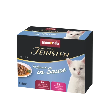 Eine Schachtel Animonda Vom Feinsten Kittenfutter mit acht 85g Portionen, mit Geschmacksrichtungen wie Geflügel, Herz, Karotten und Garnelen.