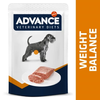 Emballage de nourriture pour chiens Advance Veterinary Diets avec une silhouette de chien gris, une portion de nourriture humide sur une assiette et le texte "ÉQUILIBRE DE POIDS."