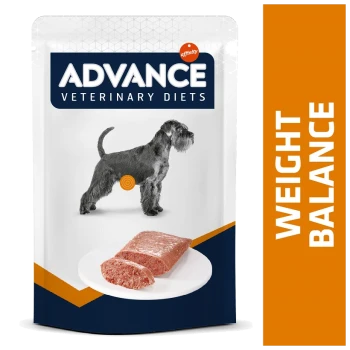 Emballage de nourriture pour chiens Advance Veterinary Diets avec une silhouette de chien gris, une portion de nourriture humide sur une assiette et le texte "ÉQUILIBRE DE POIDS."