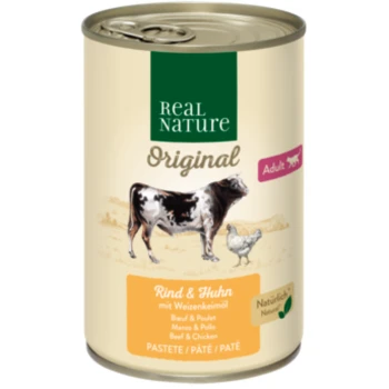 Blik van Real Nature Original hondenvoer voor volwassenen, met rundvlees en kip, met een illustratie van een koe en een kip op het etiket.