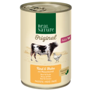 Blik van Real Nature Original hondenvoer voor volwassenen, met rundvlees en kip, met een illustratie van een koe en een kip op het etiket.