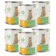 Sechs Dosen Katzenfutter mit der Aufschrift "Fellücita" und einer getigerten Katze auf der Vorderseite, mit einem gelb-grünen Design, das Hühnergeschmack für erwachsene Katzen anzeigt.