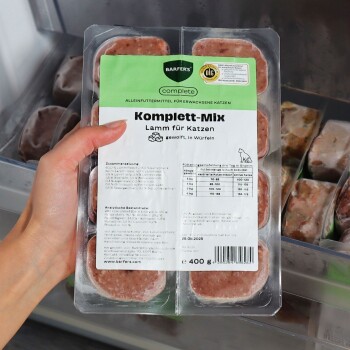 Hand hält BARFER's Komplett‑Mix "Lamm für Katzen" gefrorenes Rohfutter-Tablett, 400 g, deutsches Etikett sichtbar.