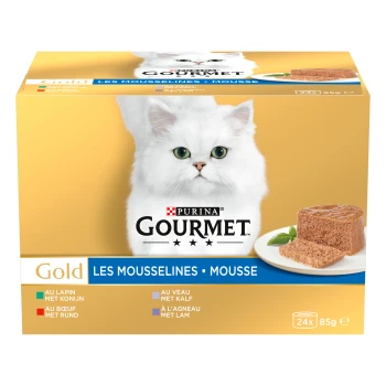 Boîte de nourriture pour chats Purina Gourmet Gold «Les Mousselines • Mousse» montrant un chat blanc à poil long et une assiette de mousse, 24x85 g.